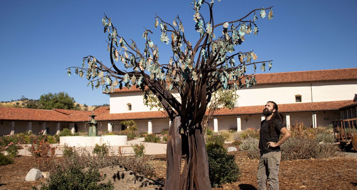 12-foot iron oak tree sculpture installed at Mission San Antonio