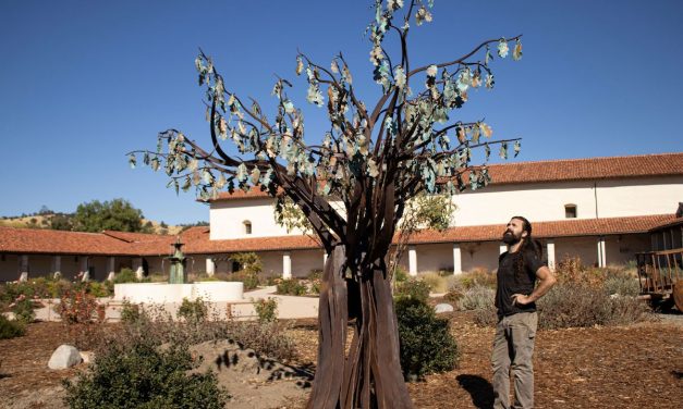 12-foot iron oak tree sculpture installed at Mission San Antonio